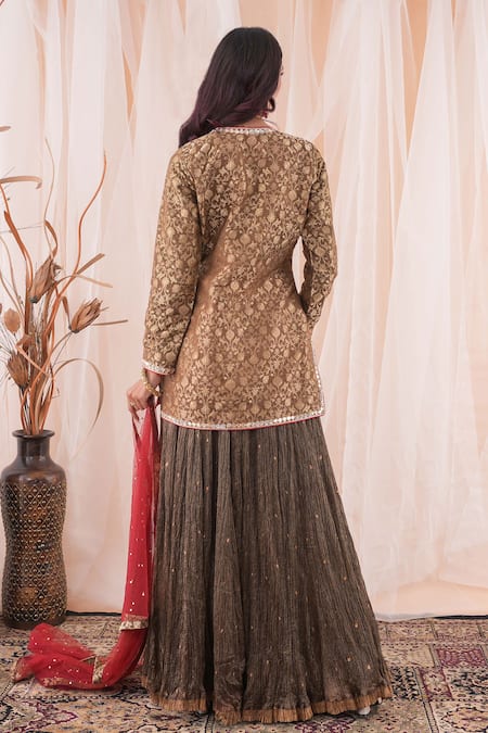 Farha Syed Green Brocade, Crepe, Silk, Net Embroidery, Mirrors, Banarasi Kurta Skirt Set Online at Aza Fashions Farha Syed_Green Brocade, Crepe, Silk, Net Embroidery, Mirrors, Banarasi Kurta Skirt Set _Online_at_Aza_Fashions