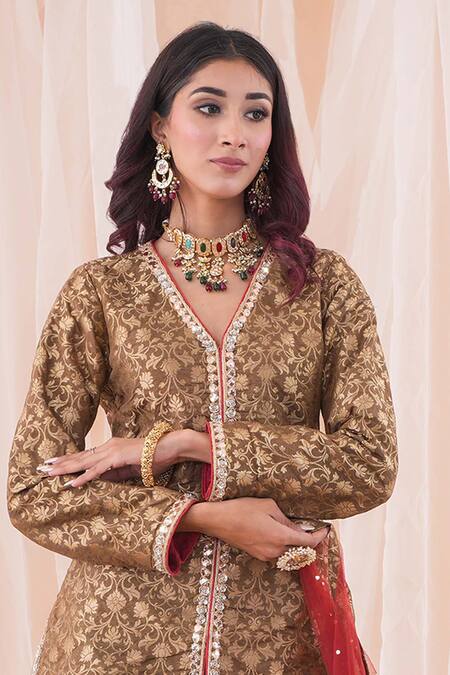 Shop Farha Syed Green Brocade, Crepe, Silk, Net Embroidery, Mirrors, Banarasi Kurta Skirt Set Online at Aza Fashions Shop_Farha Syed_Green Brocade, Crepe, Silk, Net Embroidery, Mirrors, Banarasi Kurta Skirt Set _Online_at_Aza_Fashions