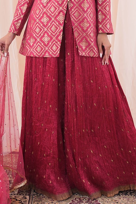 Buy Farha Syed Maroon Brocade, Silk, Net, Crepe Mirrors Banarasi Kurta Crushed Sharara Set Online at Aza Fashions Buy_Farha Syed_Maroon Brocade, Silk, Net, Crepe Mirrors Banarasi Kurta Crushed Sharara Set _Online_at_Aza_Fashions