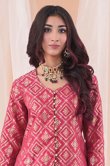 Shop Farha Syed Maroon Brocade, Silk, Net, Crepe Mirrors Banarasi Kurta Crushed Sharara Set Online at Aza Fashions Shop_Farha Syed_Maroon Brocade, Silk, Net, Crepe Mirrors Banarasi Kurta Crushed Sharara Set _Online_at_Aza_Fashions