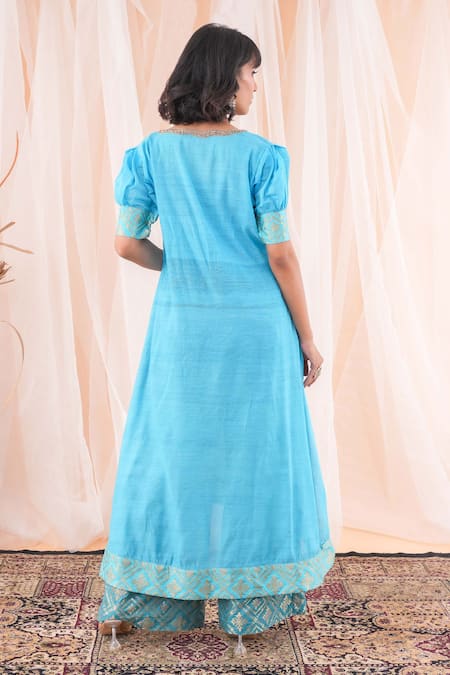 Farha Syed Blue Silk, Brocade, Taffeta Embroidery V-neck Kurta With Banarasi Palazzo Online at Aza Fashions Farha Syed_Blue Silk, Brocade, Taffeta Embroidery V-neck Kurta With Banarasi Palazzo _Online_at_Aza_Fashions