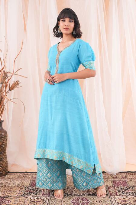 Buy Farha Syed Blue Silk, Brocade, Taffeta Embroidery V-neck Kurta With Banarasi Palazzo Online at Aza Fashions Buy_Farha Syed_Blue Silk, Brocade, Taffeta Embroidery V-neck Kurta With Banarasi Palazzo _Online_at_Aza_Fashions