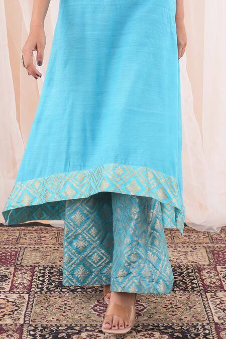 Farha Syed Blue Silk, Brocade, Taffeta Embroidery V-neck Kurta With Banarasi Palazzo at Aza Fashions Farha Syed_Blue Silk, Brocade, Taffeta Embroidery V-neck Kurta With Banarasi Palazzo _at_Aza_Fashions