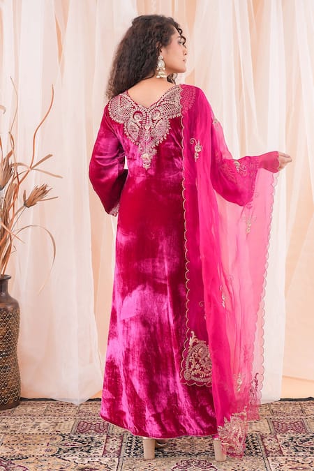 Farha Syed Maroon Velvet, Modal, Satin Embroidery, Zari V-neck Kurta Dhoti Pant Set Online at Aza Fashions Farha Syed_Maroon Velvet, Modal, Satin Embroidery, Zari V-neck Kurta Dhoti Pant Set _Online_at_Aza_Fashions