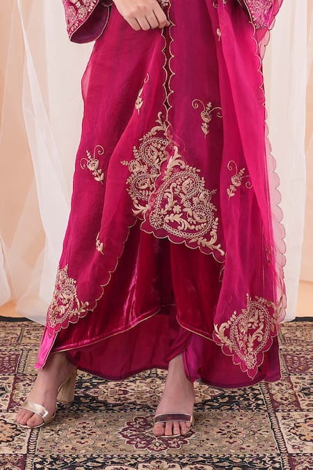 Shop Farha Syed Maroon Velvet, Modal, Satin Embroidery, Zari V-neck Kurta Dhoti Pant Set Online at Aza Fashions Shop_Farha Syed_Maroon Velvet, Modal, Satin Embroidery, Zari V-neck Kurta Dhoti Pant Set _Online_at_Aza_Fashions