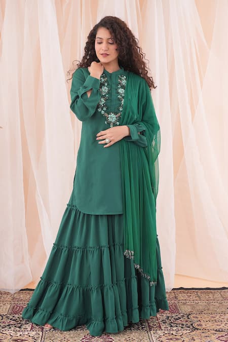 Farha Syed Green Kurta And Sharara Double Georgette Hand Embroidered Satin Ribbon Set