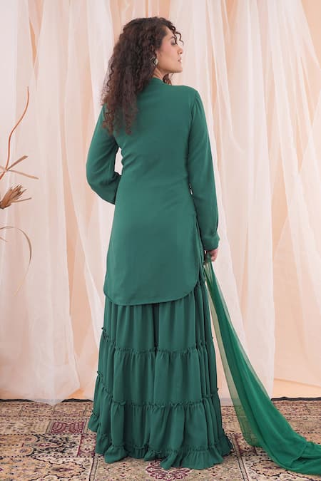 Farha Syed Green Georgette, Net, Taffeta Pearls, Ribbon Embroidered Kurta Sharara Set Online at Aza Fashions Farha Syed_Green Georgette, Net, Taffeta Pearls, Ribbon Embroidered Kurta Sharara Set _Online_at_Aza_Fashions