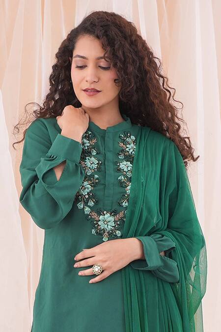 Shop Farha Syed Green Georgette, Net, Taffeta Pearls, Ribbon Embroidered Kurta Sharara Set Online at Aza Fashions Shop_Farha Syed_Green Georgette, Net, Taffeta Pearls, Ribbon Embroidered Kurta Sharara Set _Online_at_Aza_Fashions