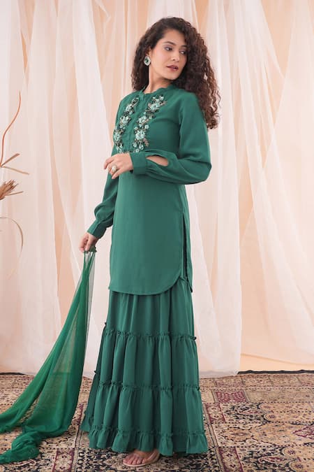 Farha Syed Green Georgette, Net, Taffeta Pearls, Ribbon Embroidered Kurta Sharara Set at Aza Fashions Farha Syed_Green Georgette, Net, Taffeta Pearls, Ribbon Embroidered Kurta Sharara Set _at_Aza_Fashions
