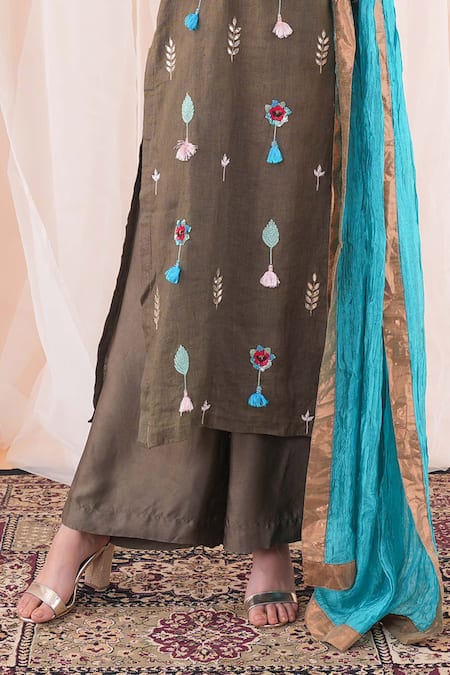 Buy Farha Syed Brown , , Silk, Pearls, Tassels, Hand Kurta Pant Set Online at Aza Fashions Buy_Farha Syed_Brown , , Silk, Pearls, Tassels, Hand Kurta Pant Set _Online_at_Aza_Fashions