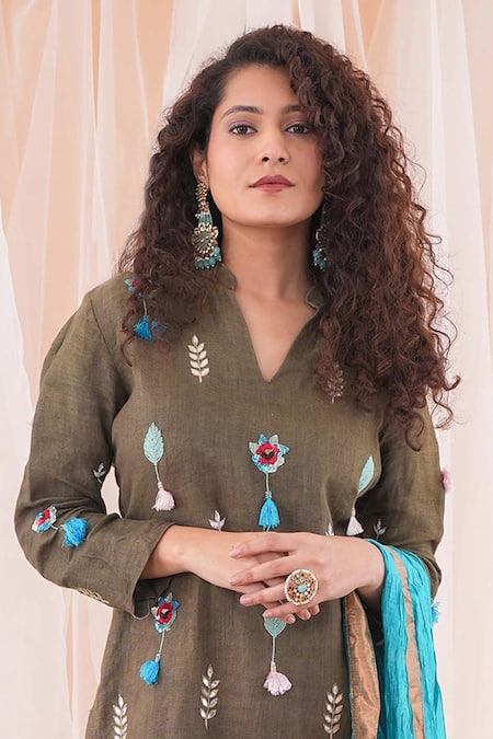 Shop Farha Syed Brown , , Silk, Pearls, Tassels, Hand Kurta Pant Set Online at Aza Fashions Shop_Farha Syed_Brown , , Silk, Pearls, Tassels, Hand Kurta Pant Set _Online_at_Aza_Fashions