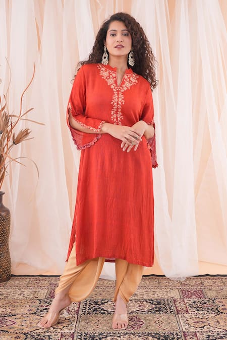 Farha Syed Red Kurta Organic Linen Cotton Embroidered Floral Placed And Dhoti Pant Set