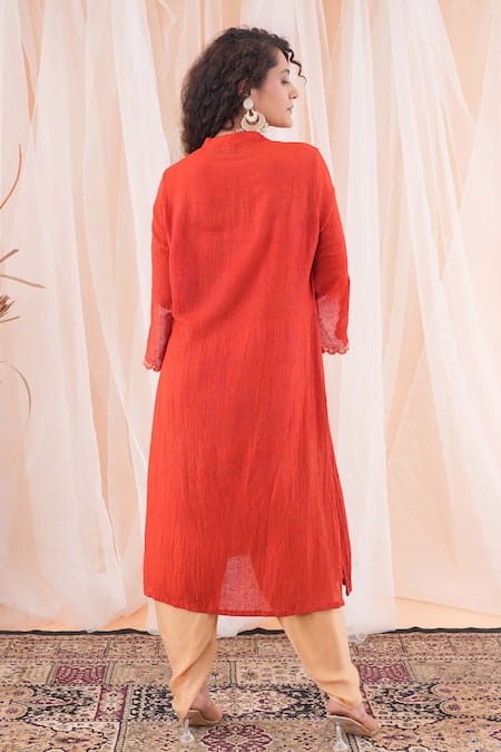 Farha Syed Red Linen, Satin, Modal Embroidery Bandeau Placed Floral Kurta And Dhoti Pant Set Online at Aza Fashions Farha Syed_Red Linen, Satin, Modal Embroidery Bandeau Placed Floral Kurta And Dhoti Pant Set _Online_at_Aza_Fashions