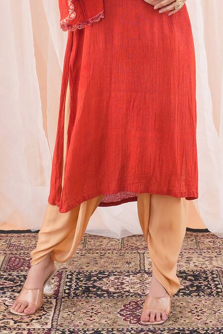 Shop Farha Syed Red Linen, Satin, Modal Embroidery Bandeau Placed Floral Kurta And Dhoti Pant Set Online at Aza Fashions Shop_Farha Syed_Red Linen, Satin, Modal Embroidery Bandeau Placed Floral Kurta And Dhoti Pant Set _Online_at_Aza_Fashions
