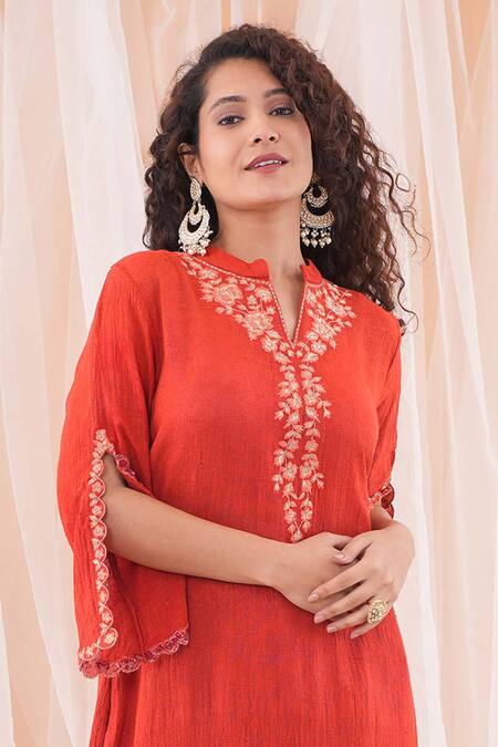 Farha Syed Red Linen, Satin, Modal Embroidery Bandeau Placed Floral Kurta And Dhoti Pant Set at Aza Fashions Farha Syed_Red Linen, Satin, Modal Embroidery Bandeau Placed Floral Kurta And Dhoti Pant Set _at_Aza_Fashions