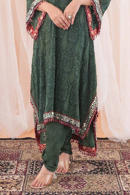 Shop Farha Syed Green Georgette, Brocade, Floral Embroidered Kaftan Kurta And Dhoti Pant Set Online at Aza Fashions Shop_Farha Syed_Green Georgette, Brocade, Floral Embroidered Kaftan Kurta And Dhoti Pant Set _Online_at_Aza_Fashions