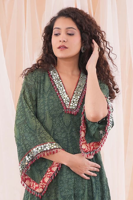 Farha Syed Green Georgette, Brocade, Floral Embroidered Kaftan Kurta And Dhoti Pant Set at Aza Fashions Farha Syed_Green Georgette, Brocade, Floral Embroidered Kaftan Kurta And Dhoti Pant Set _at_Aza_Fashions