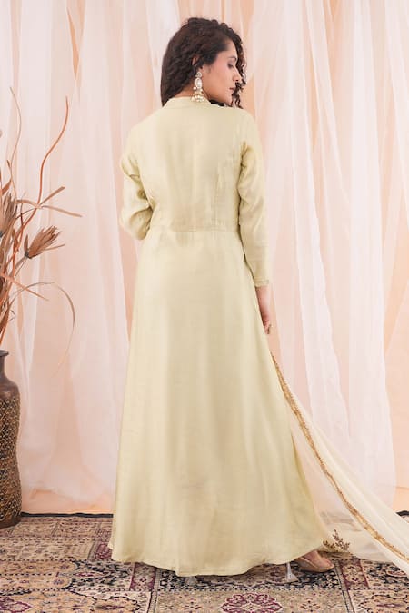 Shop_Farha Syed_Green Linen, Satin, Chiffon, Maheshwari Flared Kurta Set With Dupatta _at_Aza_Fashions