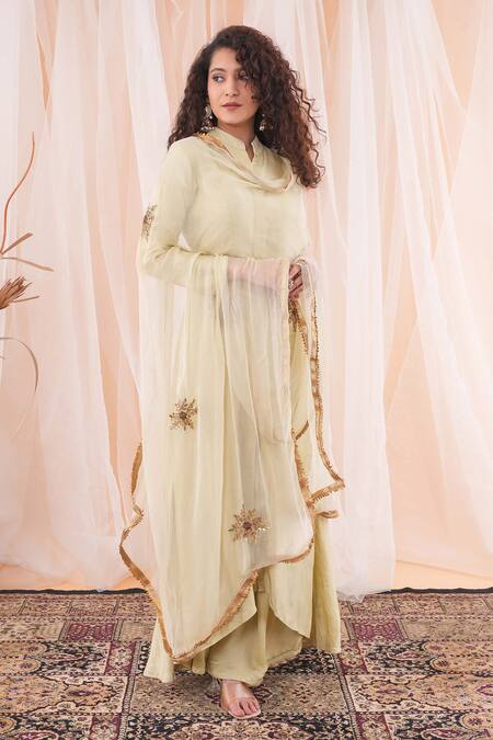 Farha Syed_Green Linen, Satin, Chiffon, Maheshwari Flared Kurta Set With Dupatta _Online_at_Aza_Fashions
