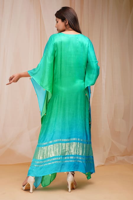 Shop_Farha Syed_Blue Modal, Satin, Silk Beads V-neck Embellished Ombre Kaftan _at_Aza_Fashions