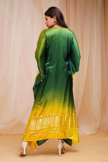 Shop_Farha Syed_Yellow Modal, Satin, Silk Sequins, Beads V-neck Ombre Embellished Kaftan _at_Aza_Fashions