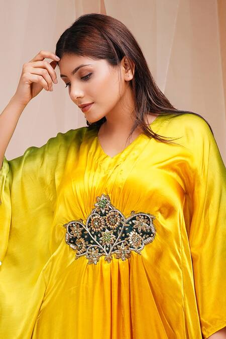 Farha Syed_Yellow Modal, Satin, Silk Sequins, Beads V-neck Ombre Embellished Kaftan _Online_at_Aza_Fashions