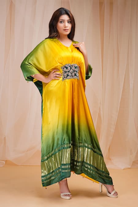 Shop_Farha Syed_Yellow Modal, Silk Sequins, Beads V-neck Ombre Floral Embellished Kaftan _at_Aza_Fashions