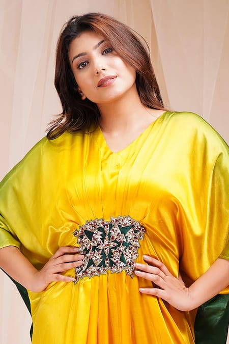 Farha Syed_Yellow Modal, Silk Sequins, Beads V-neck Ombre Floral Embellished Kaftan _Online_at_Aza_Fashions
