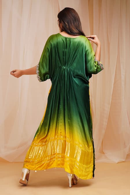 Farha Syed Floral Bead Embroidered Ombre Kaftan 