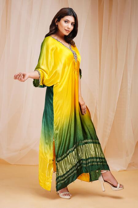 Buy_Farha Syed_Yellow Modal, Satin, Silk Beads, Sequins V-neck Floral Embroidered Ombre Kaftan _Online_at_Aza_Fashions