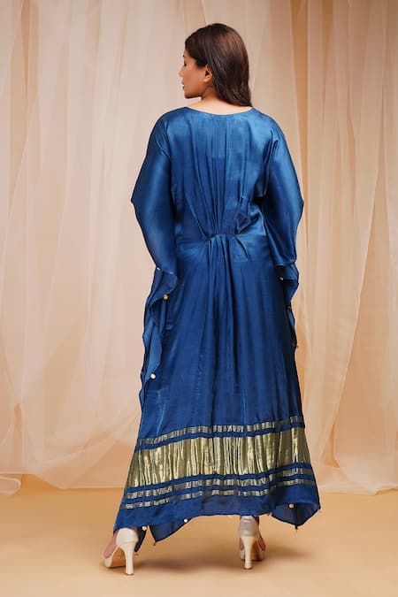 Shop_Farha Syed_Blue Modal, Satin, Silk Beads, Sequins V-neck Embroidered Kaftan _at_Aza_Fashions