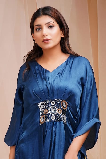 Farha Syed_Blue Modal, Satin, Silk Beads, Sequins V-neck Embroidered Kaftan _Online_at_Aza_Fashions