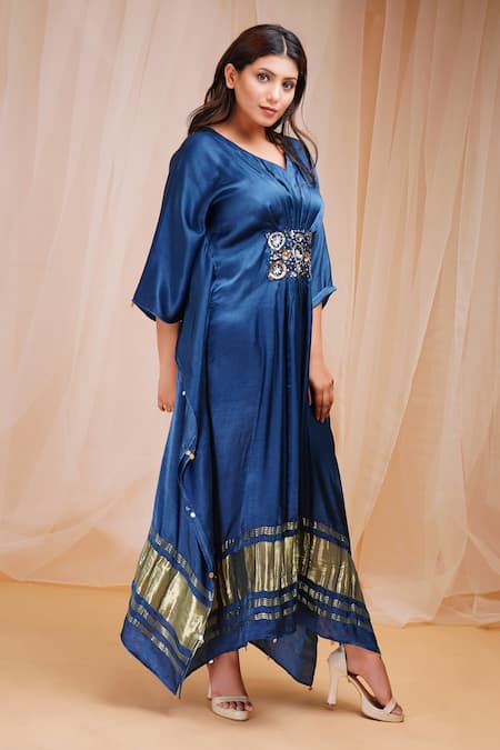 Buy_Farha Syed_Blue Modal, Satin, Silk Beads, Sequins V-neck Embroidered Kaftan _Online_at_Aza_Fashions