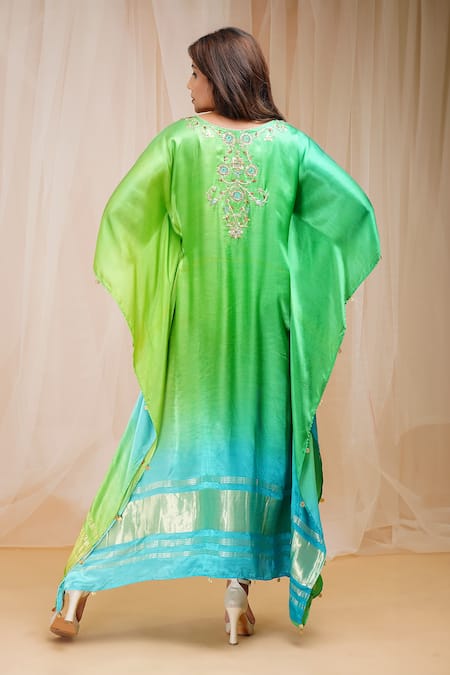Shop_Farha Syed_Blue Modal, Satin, Silk Beads, Sequins Round Floral Embroidered Ombre Kaftan _at_Aza_Fashions