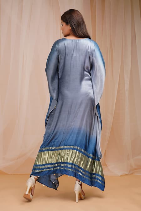 Shop_Farha Syed_Blue Modal, Satin, Silk Sequins, Beads Round Neck Embroidered Tonal Ombre Kaftan _at_Aza_Fashions