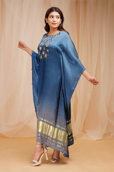 Farha Syed_Blue Modal, Satin, Silk Sequins, Beads Round Neck Embroidered Tonal Ombre Kaftan _Online_at_Aza_Fashions