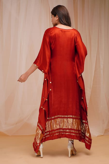 Shop Farha Syed Red Modal, Satin, Silk Sequins, Beads V-neck Placed Figurine Embroidered Kaftan at Aza Fashions Shop_Farha Syed_Red Modal, Satin, Silk Sequins, Beads V-neck Placed Figurine Embroidered Kaftan _at_Aza_Fashions