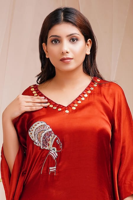 Farha Syed Red Modal, Satin, Silk Sequins, Beads V-neck Placed Figurine Embroidered Kaftan Online at Aza Fashions Farha Syed_Red Modal, Satin, Silk Sequins, Beads V-neck Placed Figurine Embroidered Kaftan _Online_at_Aza_Fashions