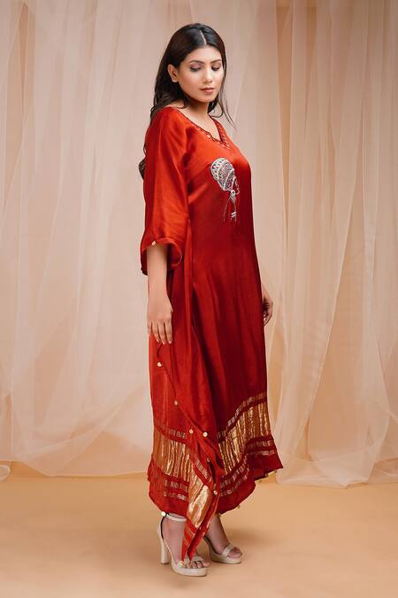 Buy Farha Syed Red Modal, Satin, Silk Sequins, Beads V-neck Placed Figurine Embroidered Kaftan Online at Aza Fashions Buy_Farha Syed_Red Modal, Satin, Silk Sequins, Beads V-neck Placed Figurine Embroidered Kaftan _Online_at_Aza_Fashions