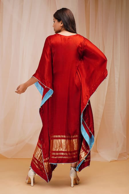 Shop_Farha Syed_Red Modal, Satin, Silk Beads V-neck Shell Embroidered Kaftan _at_Aza_Fashions