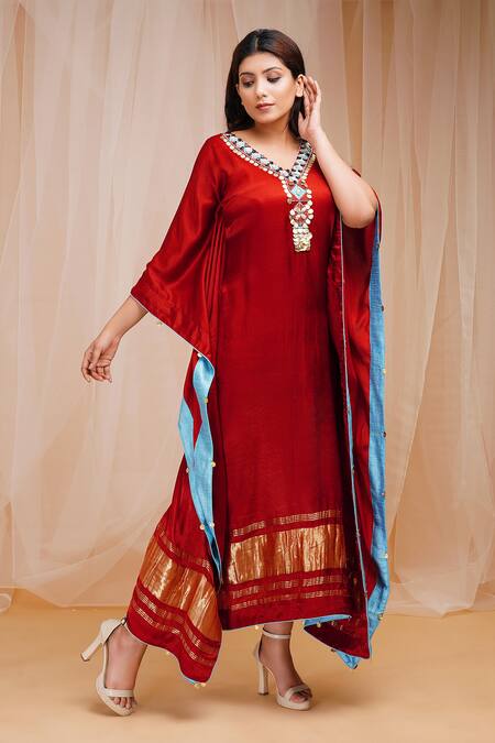 Farha Syed_Red Modal, Satin, Silk Beads V-neck Shell Embroidered Kaftan _Online_at_Aza_Fashions