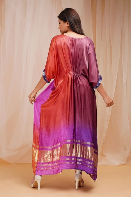 Shop Farha Syed Purple Modal, Satin, Silk Sequins, Beads V-neck Floral Embroidered Kaftan at Aza Fashions Shop_Farha Syed_Purple Modal, Satin, Silk Sequins, Beads V-neck Floral Embroidered Kaftan _at_Aza_Fashions