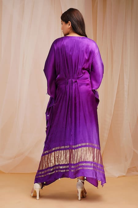 Shop_Farha Syed_Purple Modal, Satin, Silk Beads, Sequins V-neck Embroidered Ombre Kaftan _at_Aza_Fashions