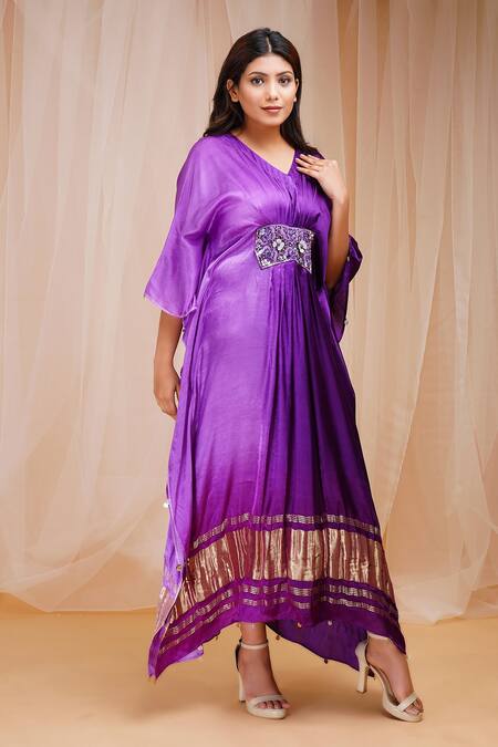 Farha Syed_Purple Modal, Satin, Silk Beads, Sequins V-neck Embroidered Ombre Kaftan _Online_at_Aza_Fashions