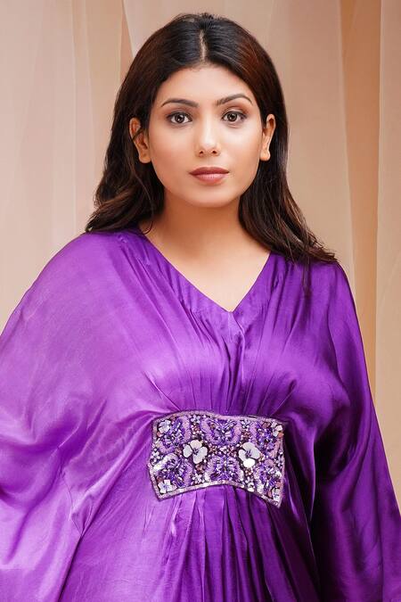 Buy_Farha Syed_Purple Modal, Satin, Silk Beads, Sequins V-neck Embroidered Ombre Kaftan _Online_at_Aza_Fashions