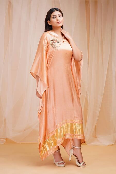 Farha Syed_Orange Modal, Satin, Silk Sequins, Beads Figurine Embroidered Placement Kaftan _Online_at_Aza_Fashions