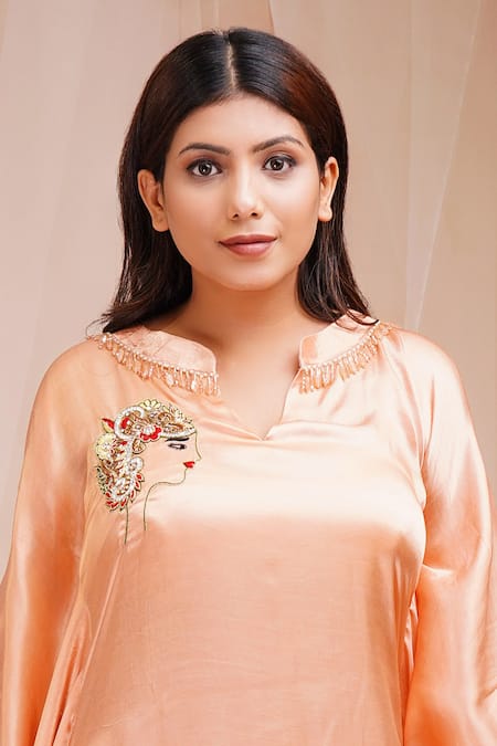 Buy_Farha Syed_Orange Modal, Satin, Silk Sequins, Beads Figurine Embroidered Placement Kaftan _Online_at_Aza_Fashions