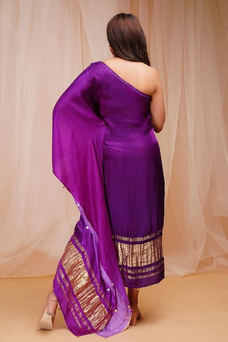 Shop_Farha Syed_Purple Modal, Satin, Silk Sequins, Feathers, Placed Peacock Embroidered Kaftan _at_Aza_Fashions