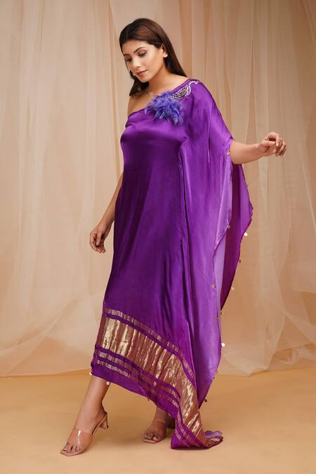 Farha Syed_Purple Modal, Satin, Silk Sequins, Feathers, Placed Peacock Embroidered Kaftan _Online_at_Aza_Fashions
