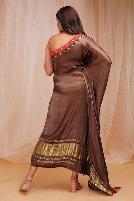 Shop_Farha Syed_Brown Modal, Satin, Silk Beads, Embroidery One Shoulder Placement Kaftan _at_Aza_Fashions